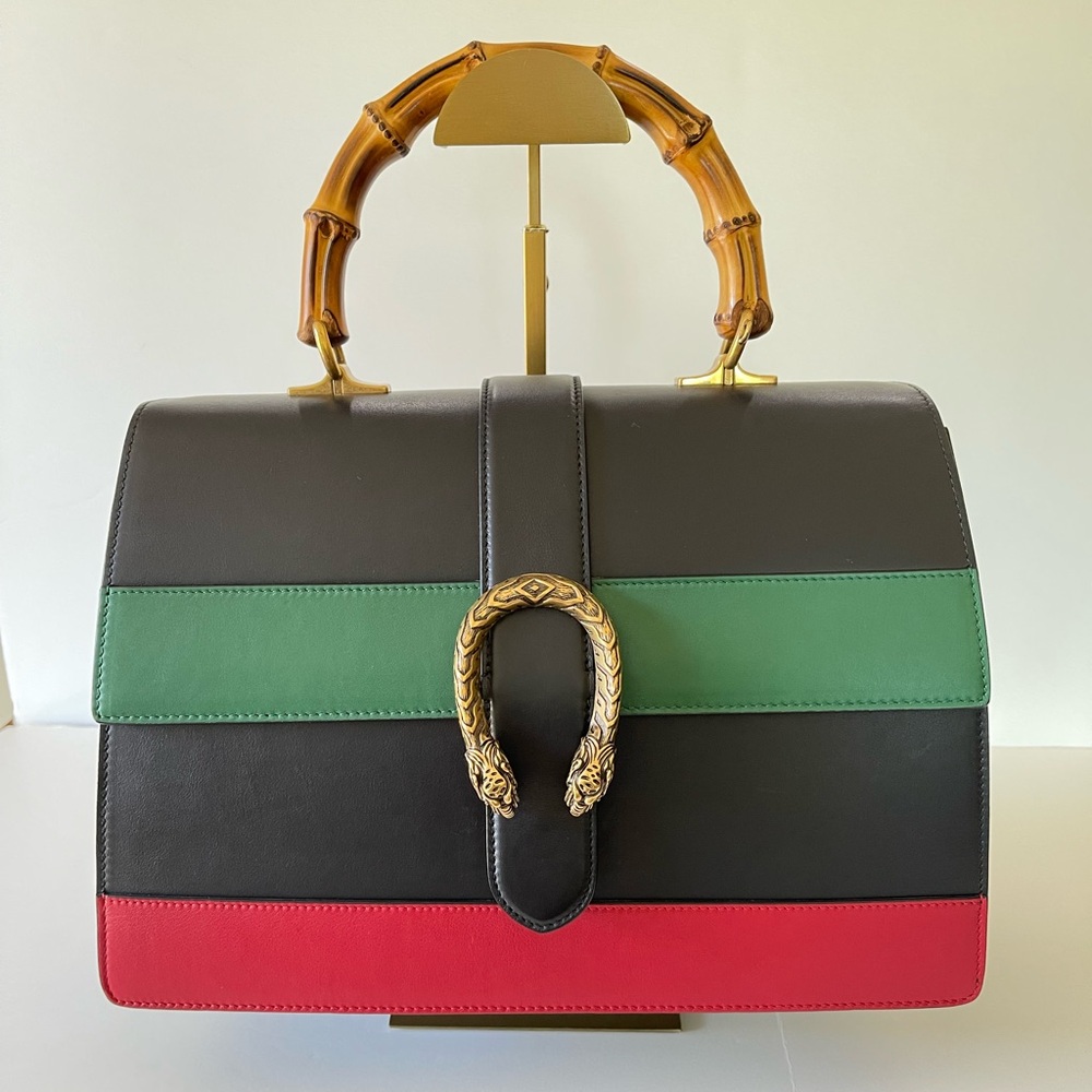 Gucci Dionysus Bamboo Top Handle Bag Colorblock Leather Black Green Red Large